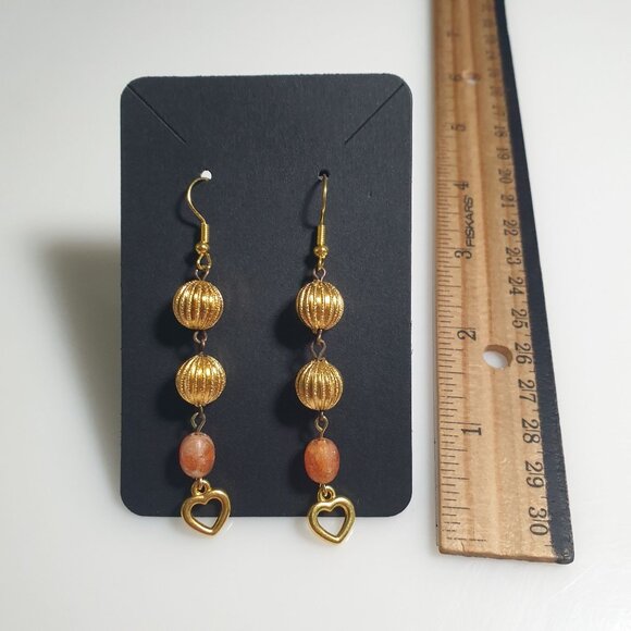 Handmade By Donovan Gold Tone Peach Dangle Earrings 3 Inch Hook Heart Bead Gift - Picture 3 of 4